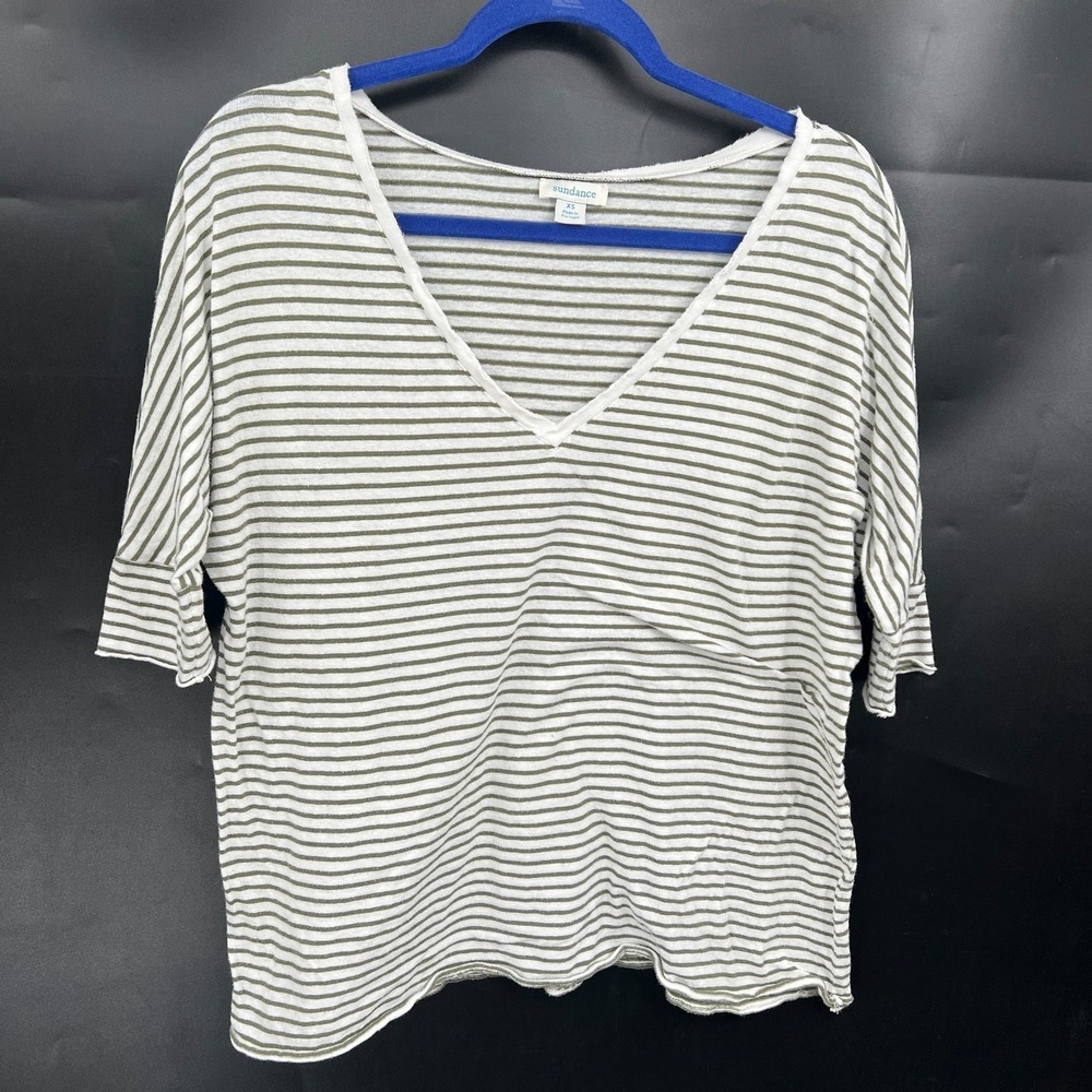 Sundance green white stripe v-neck 100% cotton oversized tee shirt beach boho XS